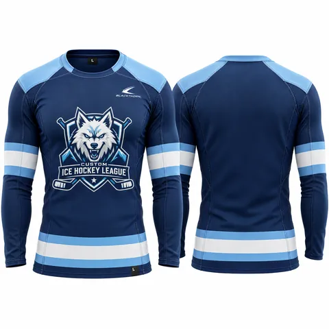 Hockey compression base layer top and pant, navy and light blue — front and back