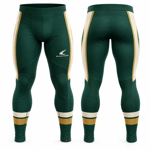 Hockey compression base layer top and pant, green and gold — front and back