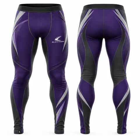 Hockey compression base layer top and pant, purple and grey — front and back