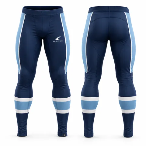 Hockey compression base layer top and pant, navy and light blue — front and back