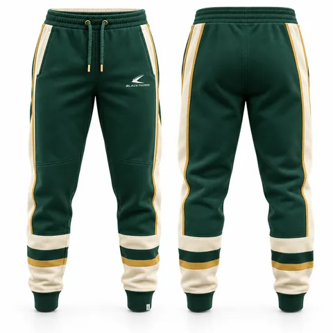 Hockey team joggers and shorts with stripes, green and cream — front and back