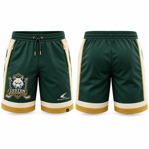Hockey team joggers and shorts with stripes, green and gold — front and back