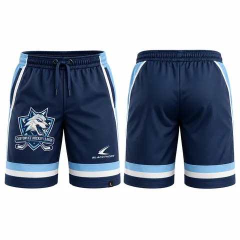 Hockey team joggers and shorts with stripes, navy and light blue — front and back