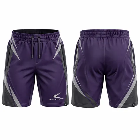 Hockey team joggers and shorts with stripes, purple and grey — front and back