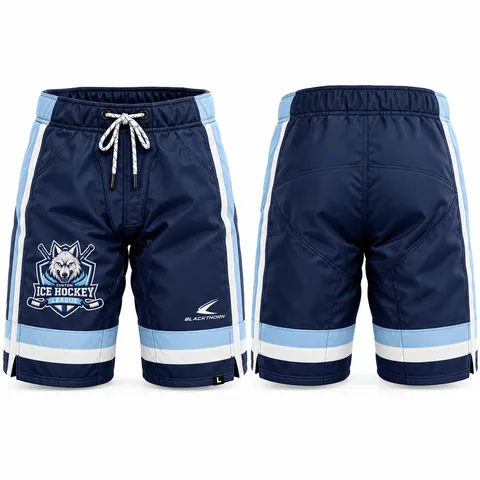 Custom hockey pant shell girdle cover, navy and light blue — front and back