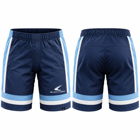 Custom hockey pant shell girdle cover, navy and light blue — front and back