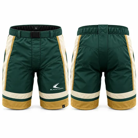 Custom hockey pant shell girdle cover, green and gold — front and back
