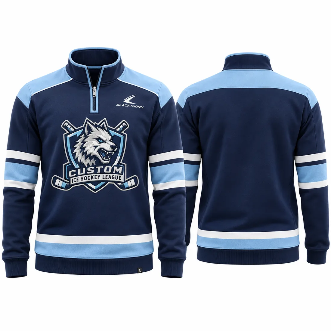 Custom hockey quarter-zip with team crest, navy and light blue — front and back
