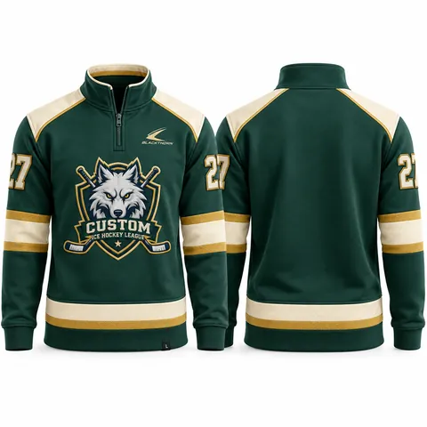 Custom hockey quarter-zip with team crest, green and cream — front and back