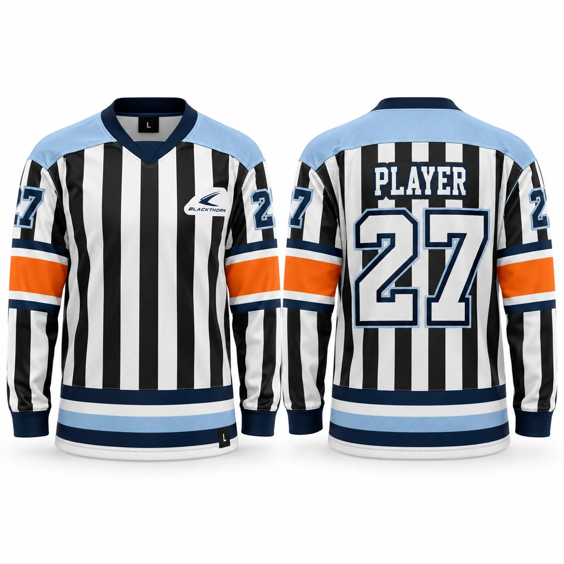 Black and white striped hockey referee jersey, black and white stripes — front and back
