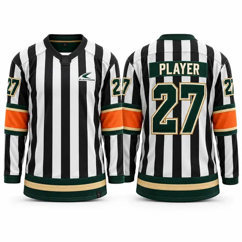 Black and white striped hockey referee jersey, black and white stripes — front and back