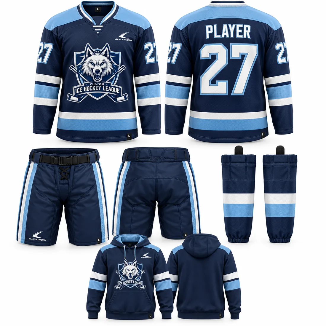 Uniforme de hockey d'équipe complet avec chandail, bas, couvre-culotte et kangourou, marine et bleu pâle — devant et dos