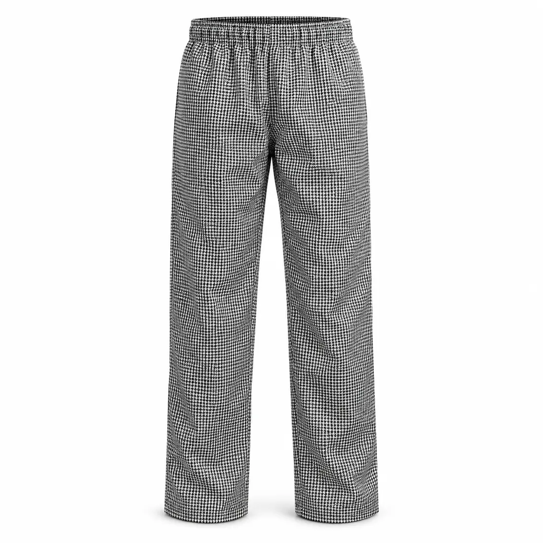 Black and white houndstooth check chef trousers with elastic waist, wholesale by Blackthorn World