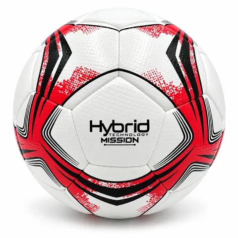 Hybrid Mission soccer ball with red and black graphics — front