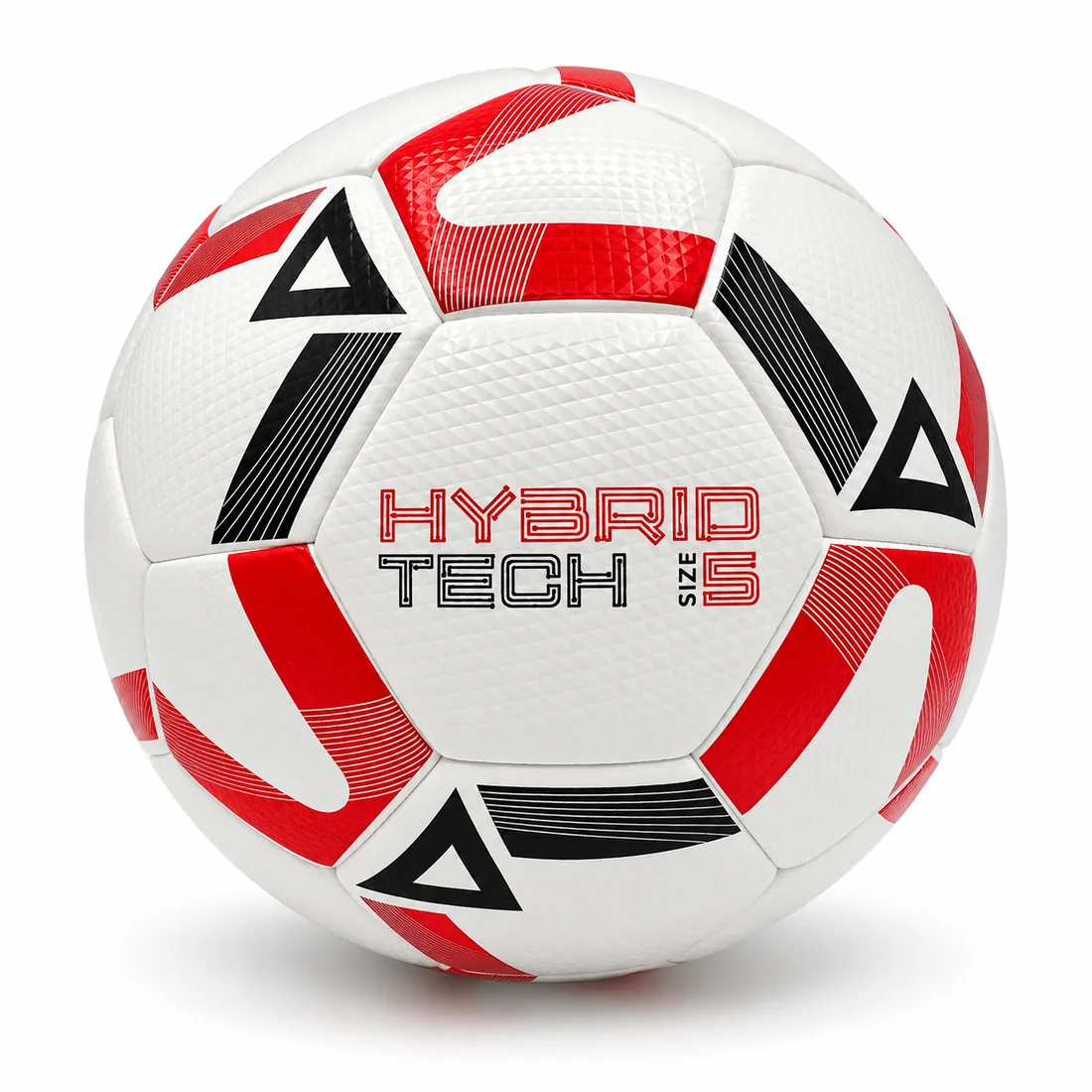 Hybrid Tech size 5 soccer ball with red and black graphics — front