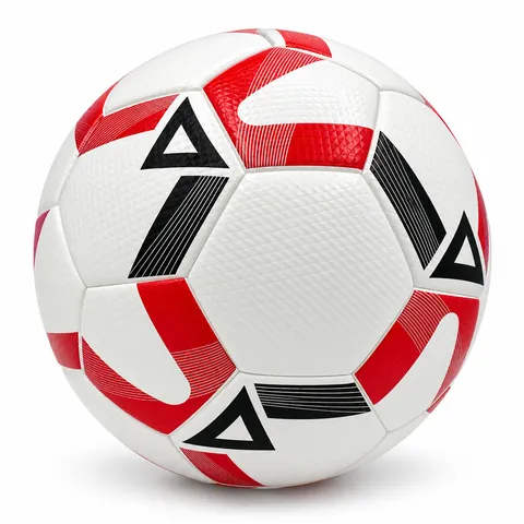 Red and black size 5 soccer ball — side view