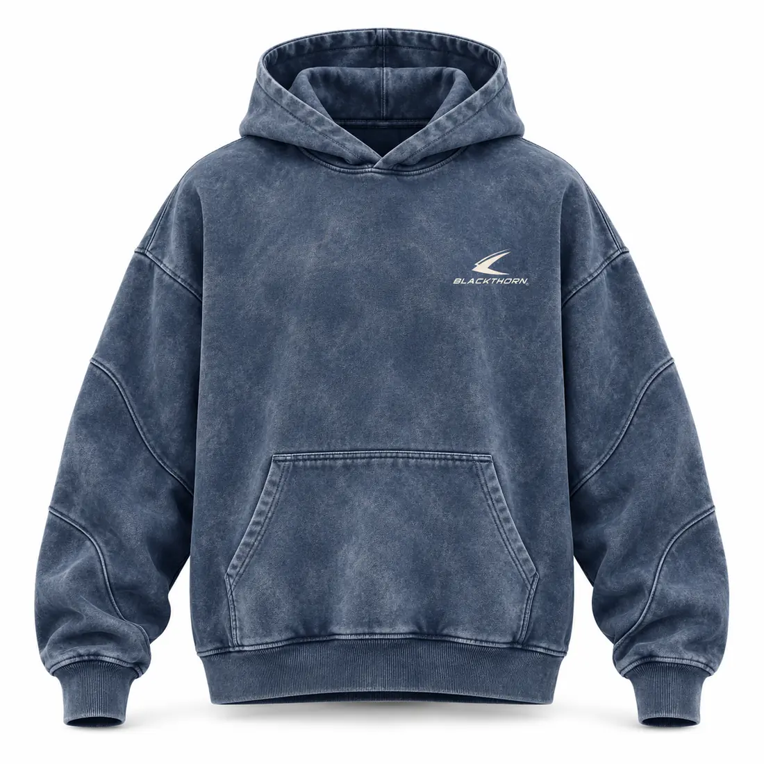 Indigo-blue acid-wash oversized pullover hoodie with marbled denim-look texture