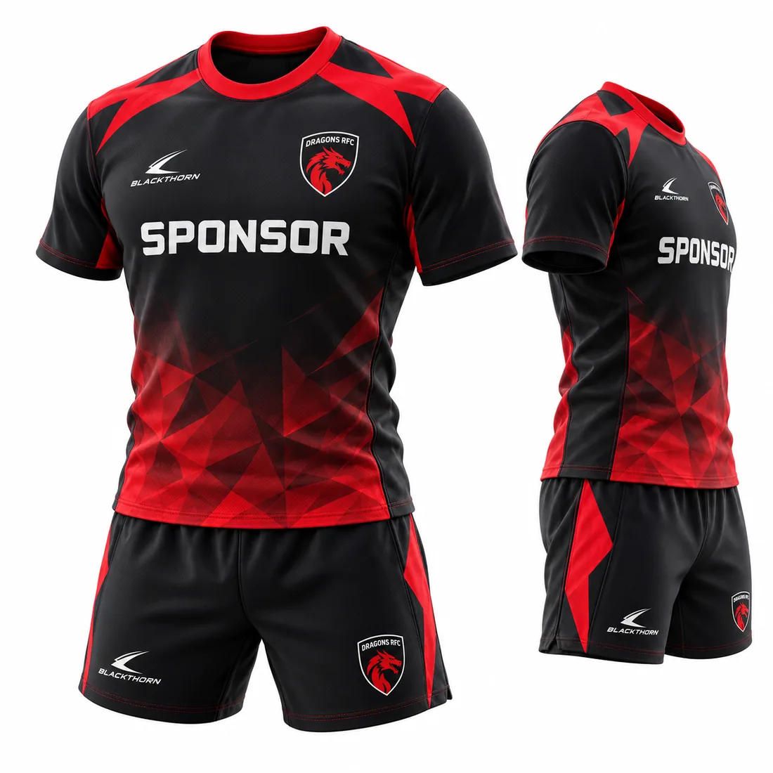 Inferno Shard Rugby Kit — black / red fade custom rugby kit made to order by Blackthorn World