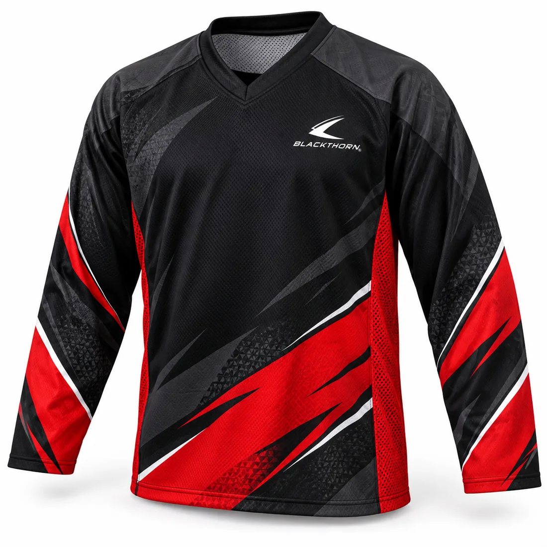 Custom inline, roller and ball hockey jersey, Red Velocity design in black and red — front