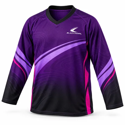 Custom inline, roller and ball hockey jersey, Violet Orbit design in purple and magenta — front
