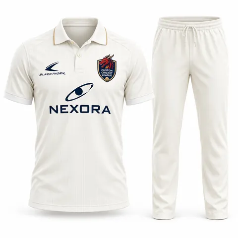 Ivory Gold Dragon Cricket Whites: custom cricket shirt and trousers, ivory with gold trim, with club crest and sponsor