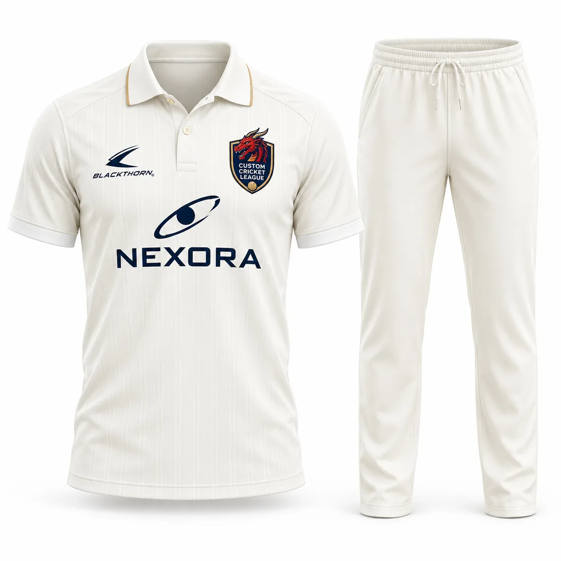 Ivory Gold Dragon Cricket Whites: custom cricket shirt and trousers, ivory with gold trim, with club crest and sponsor