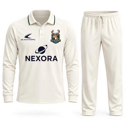 Ivory Green Stag Cricket Whites: custom cricket shirt and trousers, ivory with green trim, with club crest and sponsor