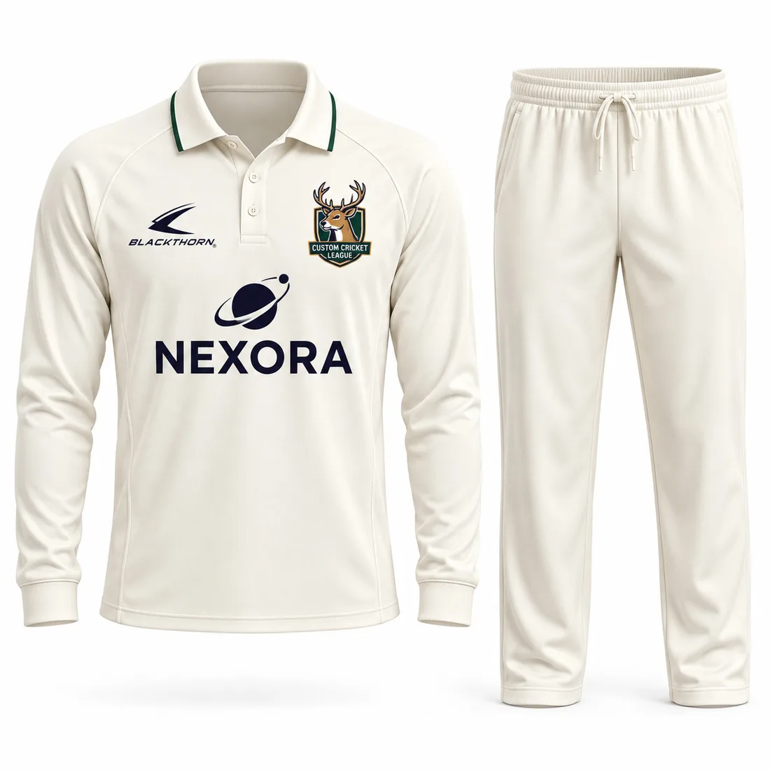Ivory Green Stag Cricket Whites: custom cricket shirt and trousers, ivory with green trim, with club crest and sponsor