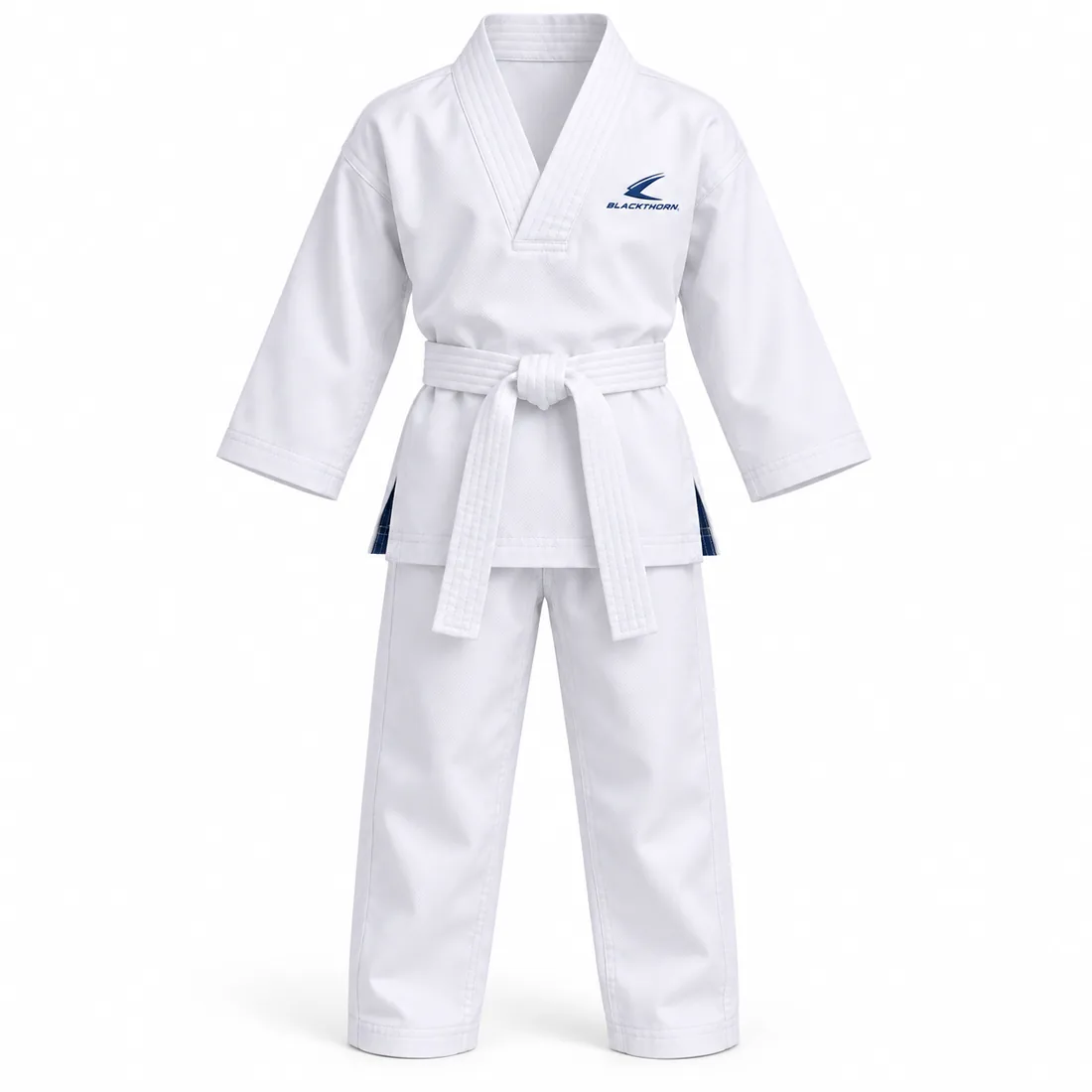 Ivory white lightweight kids gi with karate-style cross-over jacket, kids academy uniform, front view