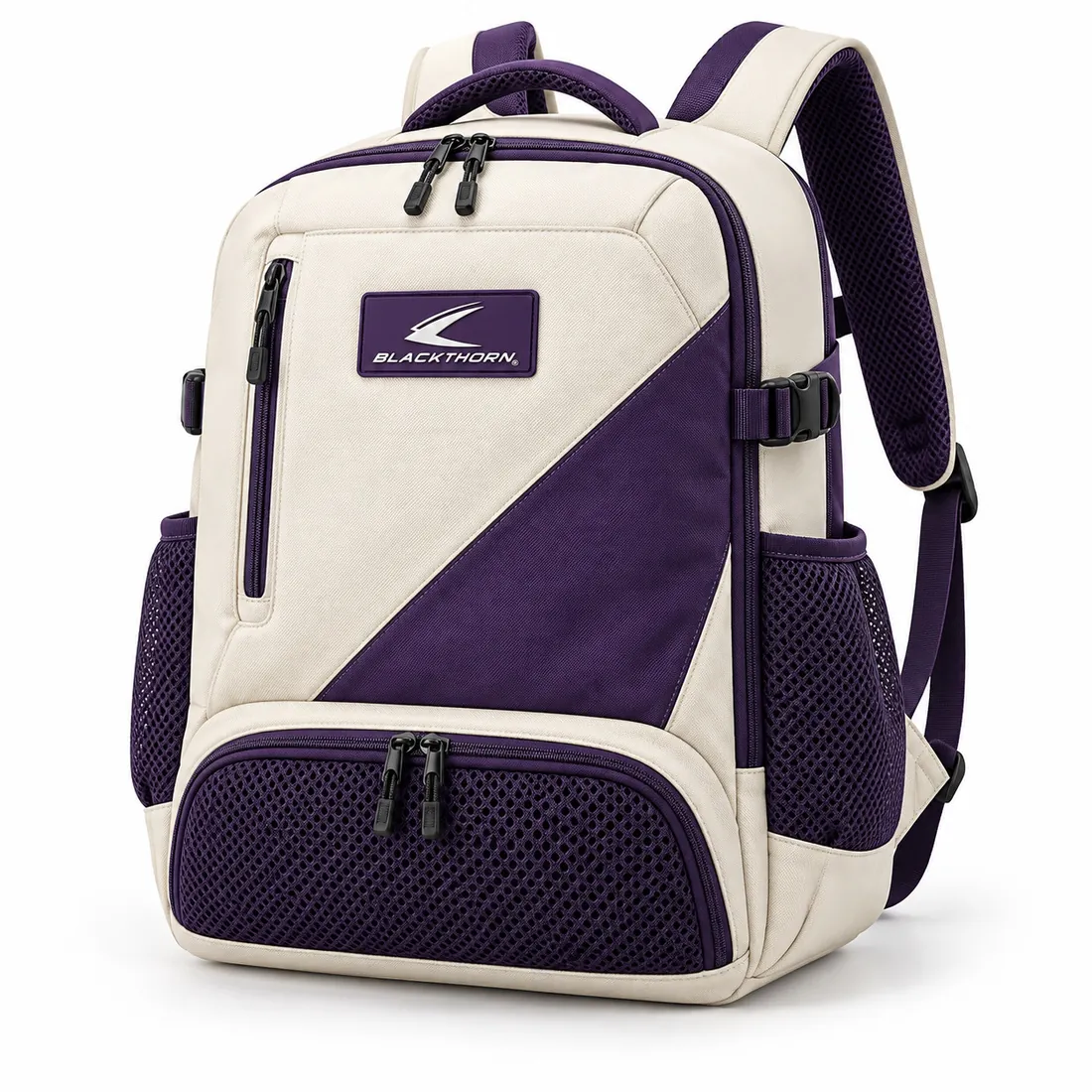 Ivory women's backpack with violet diagonal panel, violet straps, violet logo patch and violet mesh lower compartment