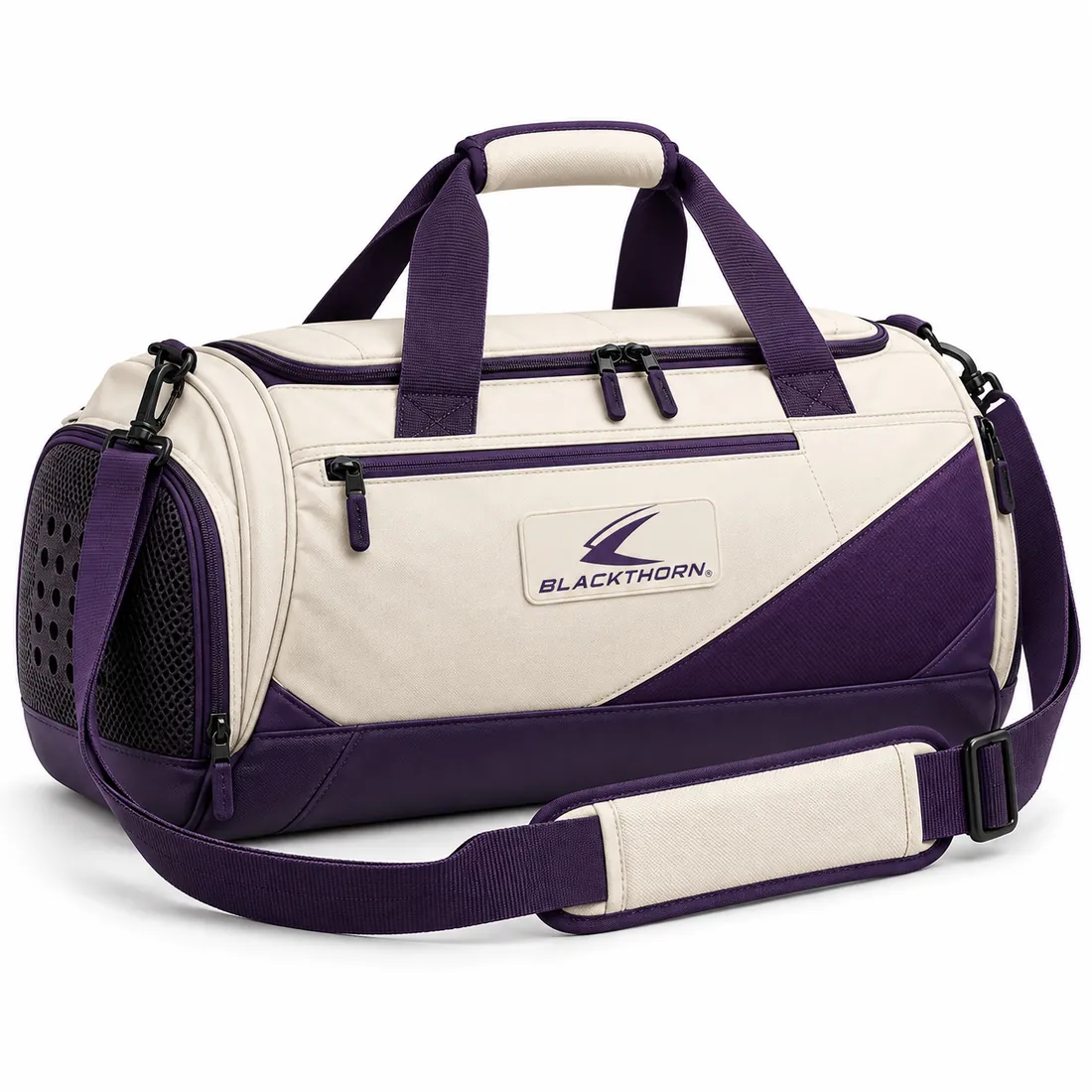 Ivory women's fightwear duffle bag with violet sweep panel, violet handles and strap, logo patch and vented end pocket