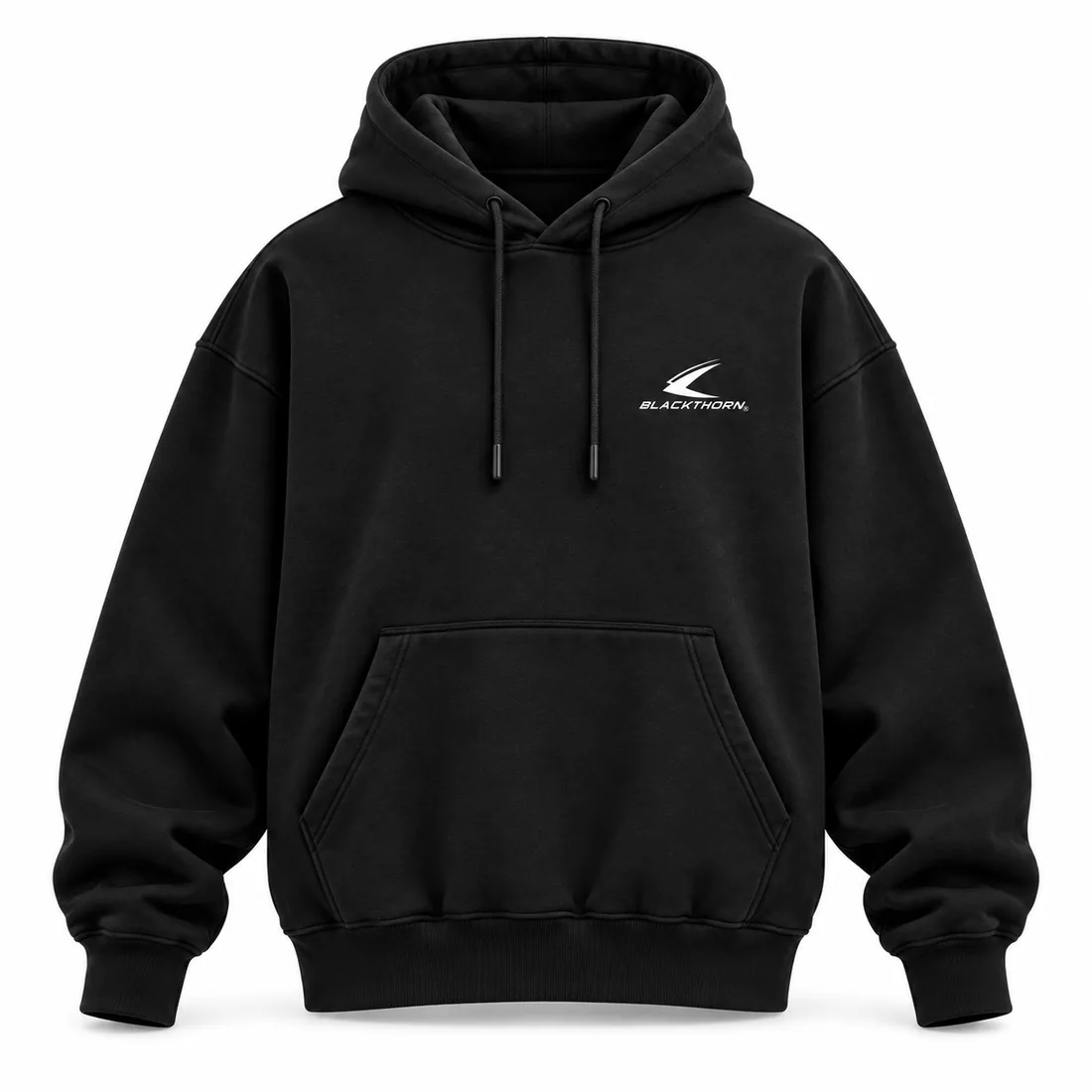 Jet-black heavyweight oversized pullover hoodie with small white chest logo, front view