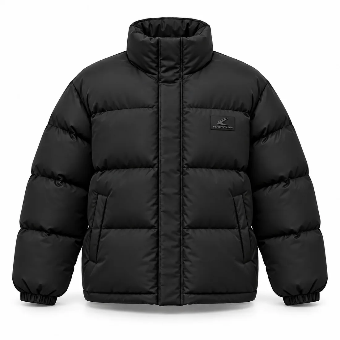 Jet black stand-collar quilted puffer jacket with moulded TPR crest badge on chest, front