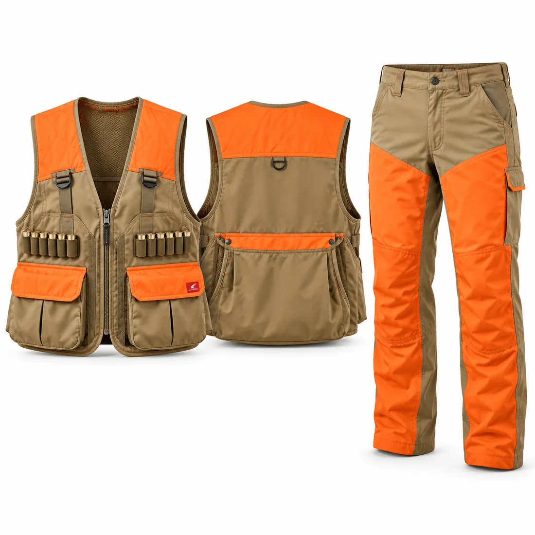 Khaki upland strap vest with blaze orange panels and khaki brush pants with orange chaps