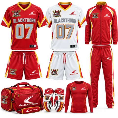 Custom lacrosse team uniform package, red and gold: home and away jerseys, shorts, tracksuit, compression top and kit bag