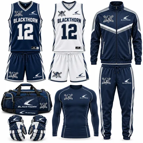 Custom lacrosse team uniform package, navy and silver: home and away jerseys, shorts, tracksuit, compression top and kit bag