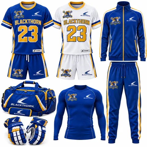 Custom lacrosse team uniform package, royal blue and gold: home and away jerseys, shorts, tracksuit, compression top and kit bag