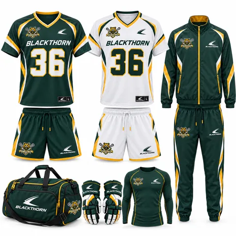 Custom lacrosse team uniform package, green and gold: home and away jerseys, shorts, tracksuit, compression top and kit bag