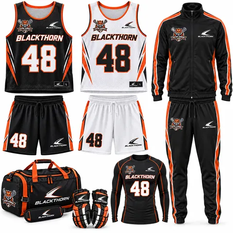 Custom lacrosse team uniform package, black and orange: home and away jerseys, shorts, tracksuit, compression top and kit bag