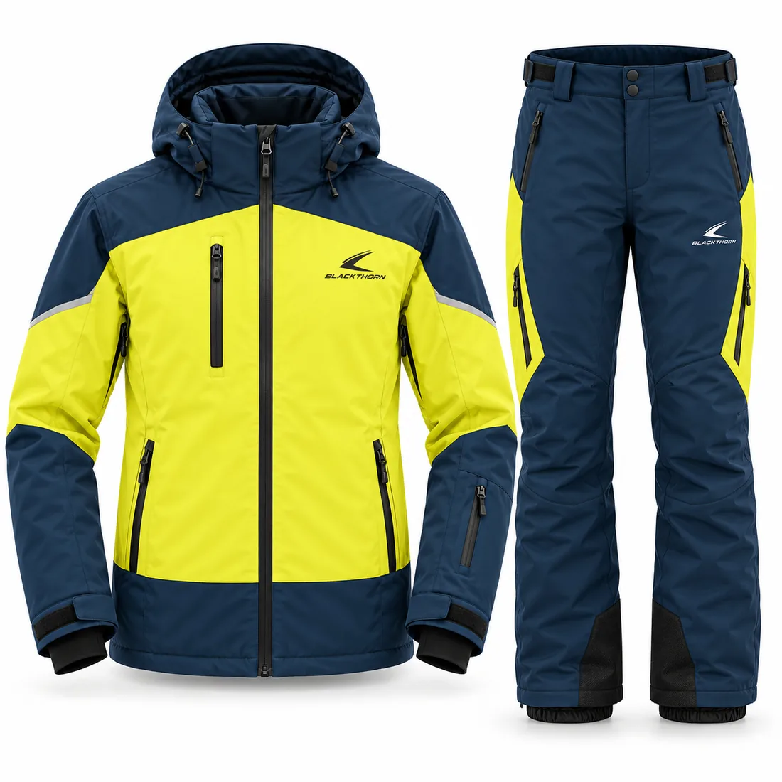 Lemon Navy Ski Instructor Set — custom ski instructor jacket and pants in lemon yellow and navy, made to order by Blackthorn World