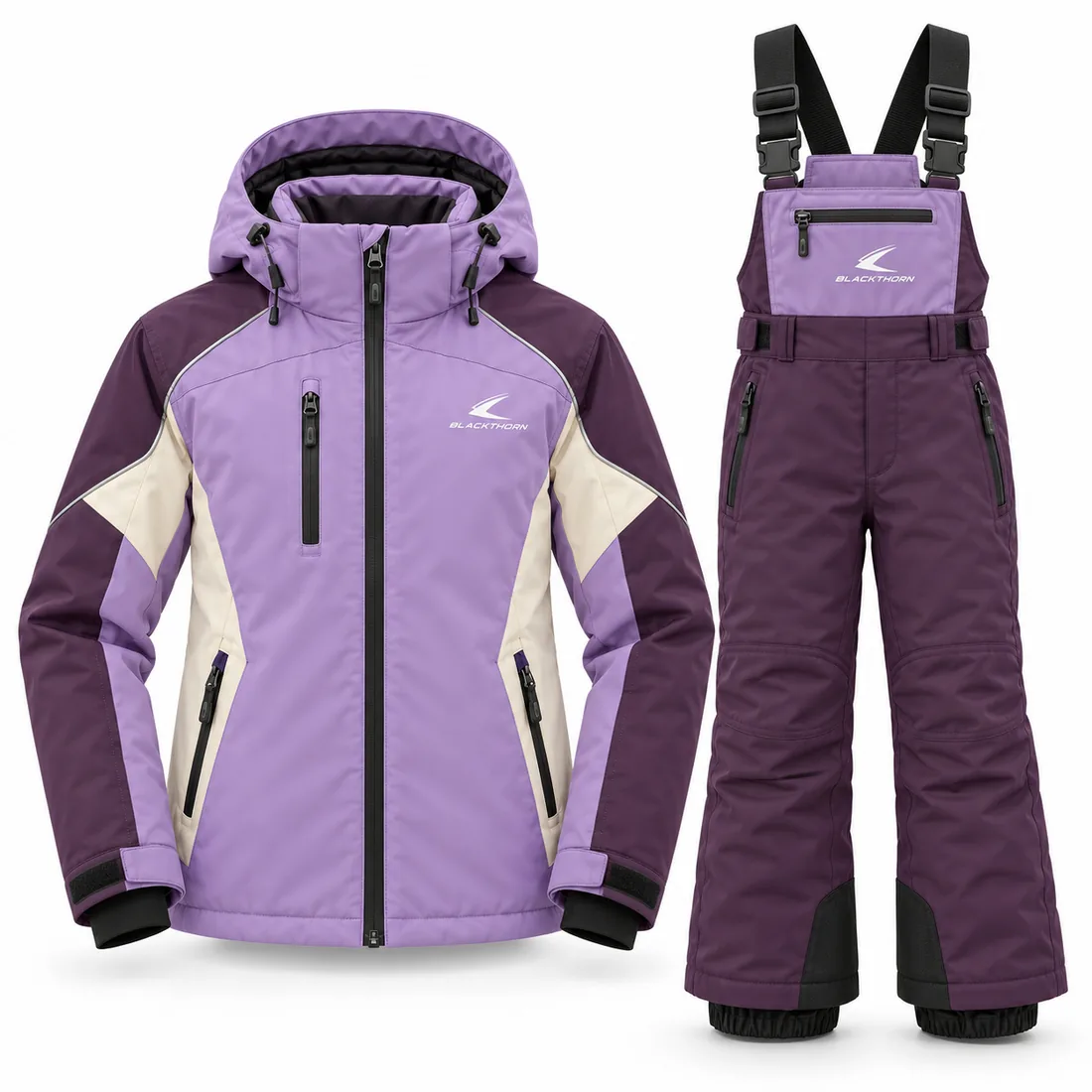Lilac Plum Kids Ski Set — custom kids ski jacket and bib pants set in lilac, plum and cream, made to order by Blackthorn World