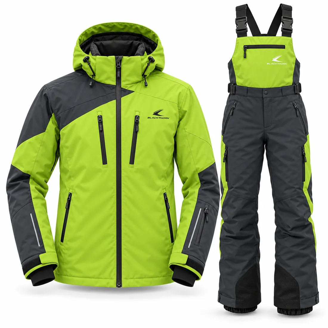 Lime Charcoal Insulated Staff Set — custom insulated instructor jacket and bib pants in lime green and charcoal, made to order by Blackthorn World