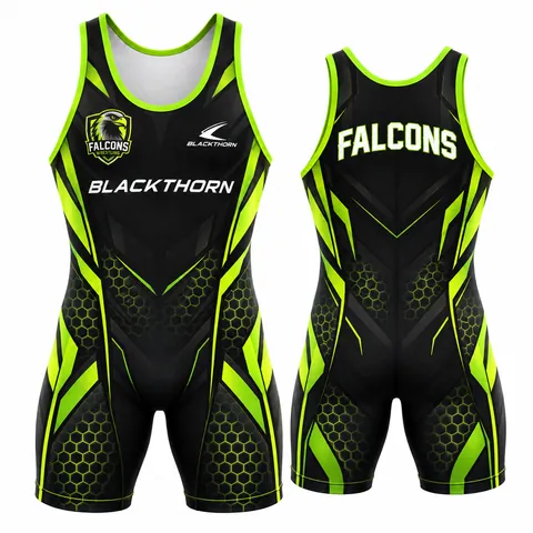 Lime Hex custom sublimated wrestling singlet, black and neon lime, shown as the Falcons — front and back