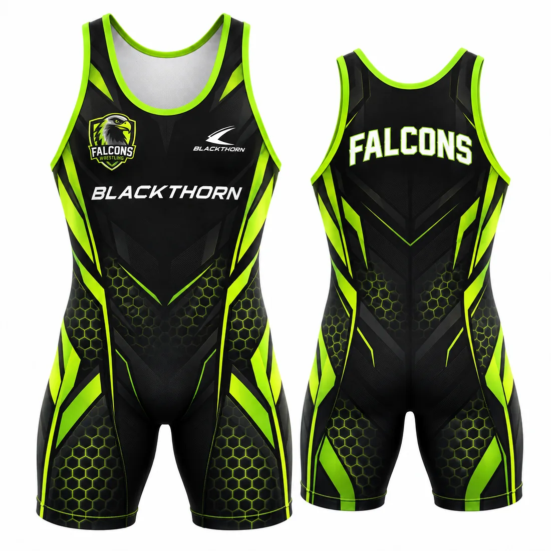Lime Hex custom sublimated wrestling singlet, black and neon lime, shown as the Falcons — front and back