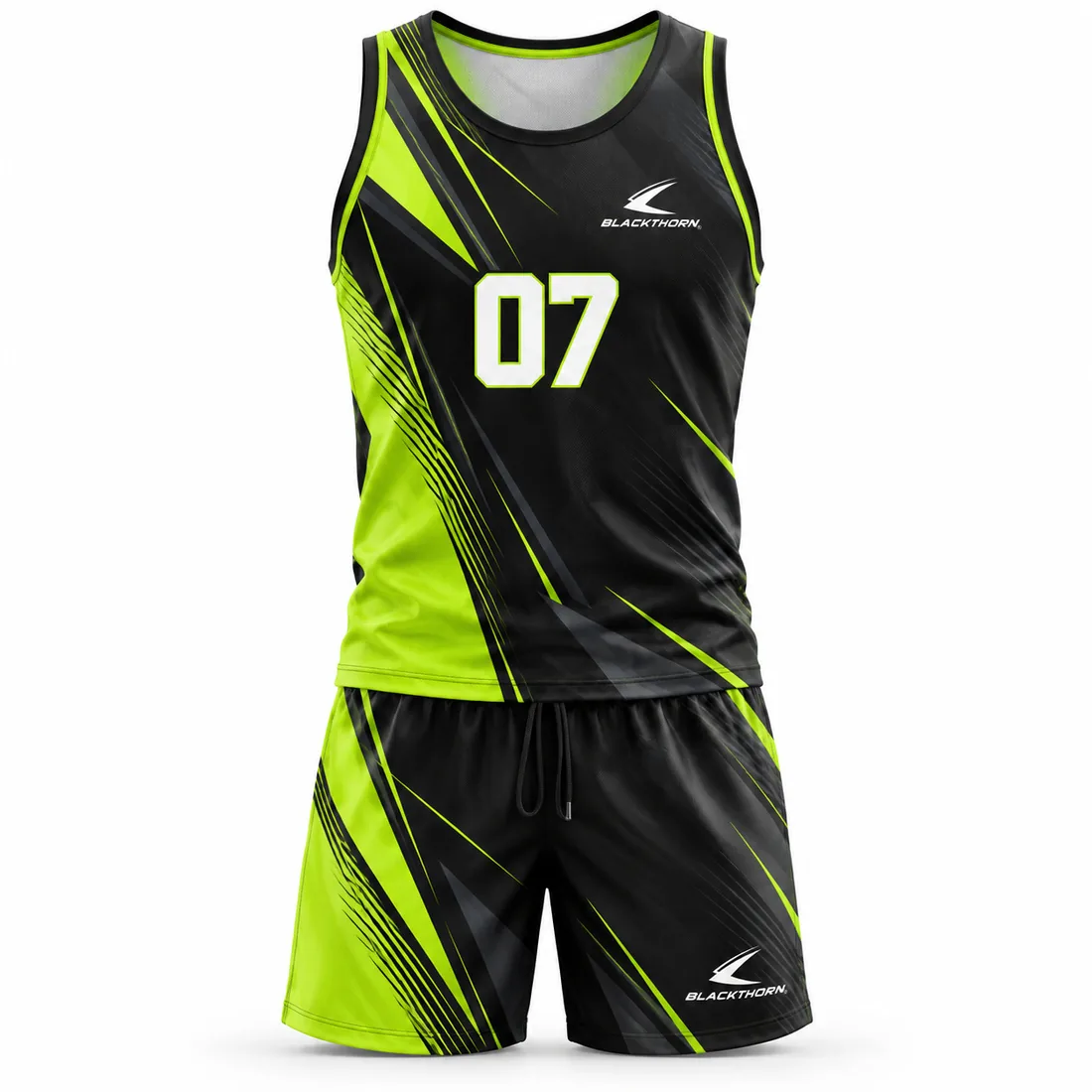 Black junior beach volleyball tank and drawcord shorts with neon-lime pulse lines, lime side panels and number 07