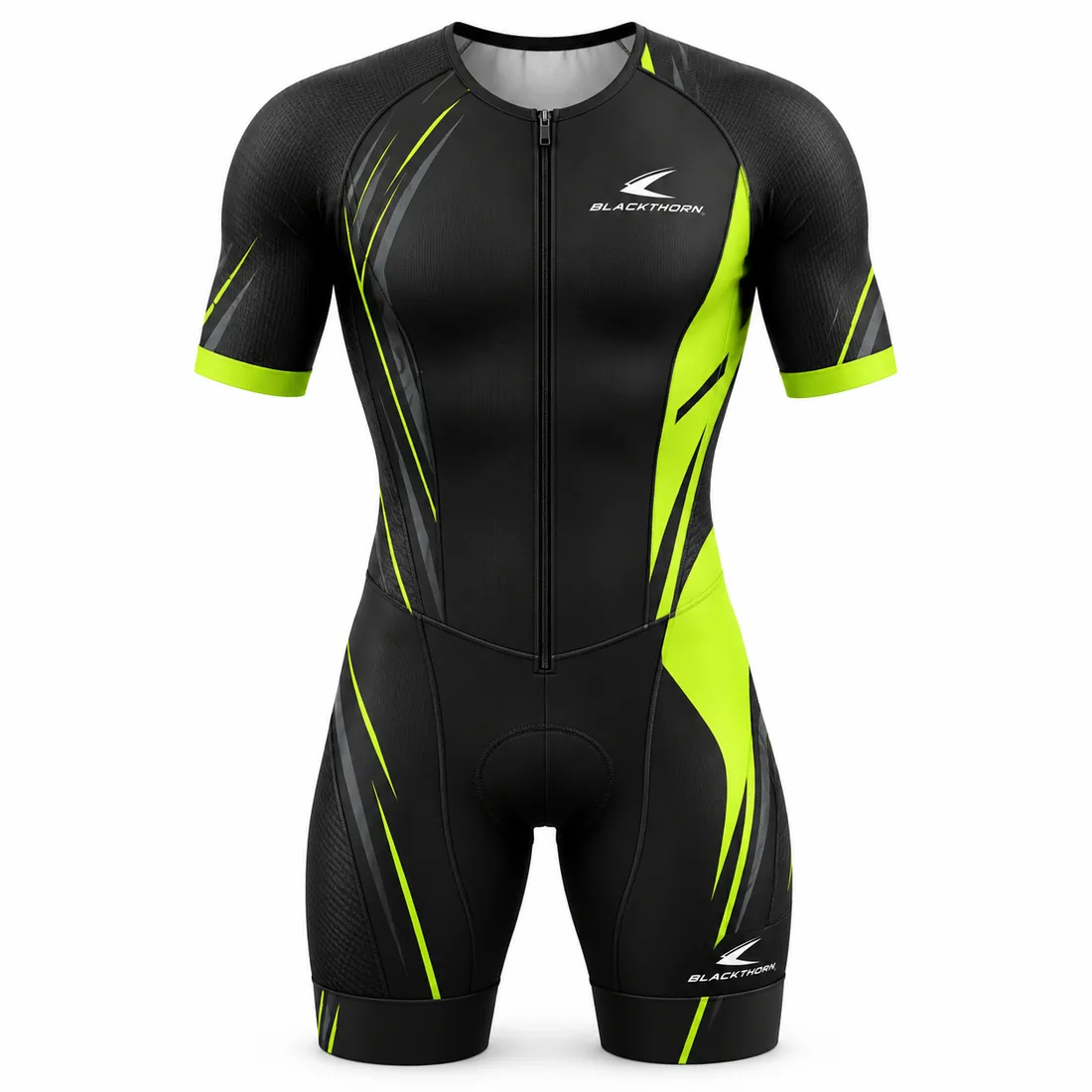 Black short-sleeve junior triathlon suit with neon-lime pulse lines and lime side panels