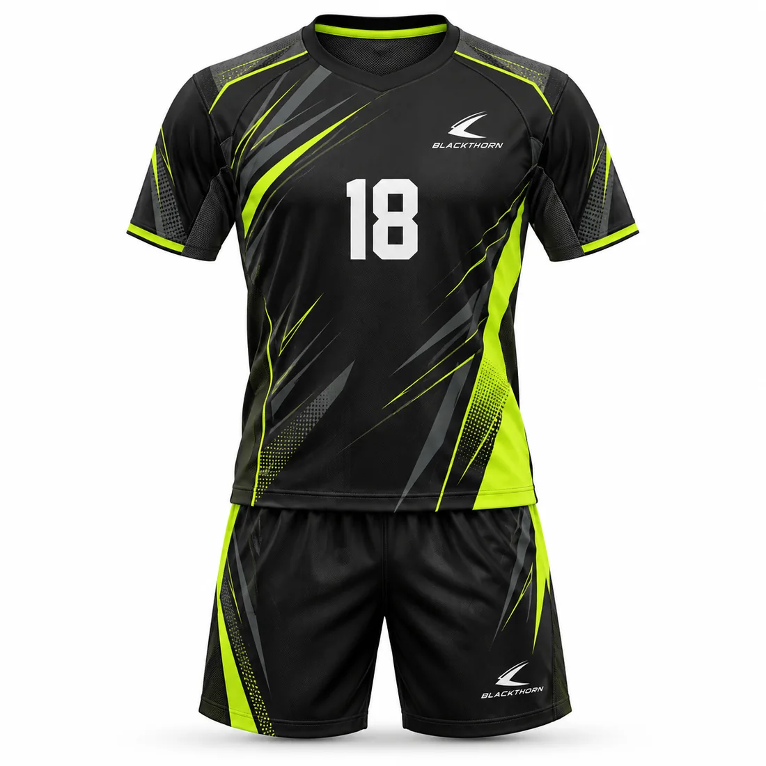 Black youth handball jersey and shorts with neon-lime pulse lines, lime side panels and number 18
