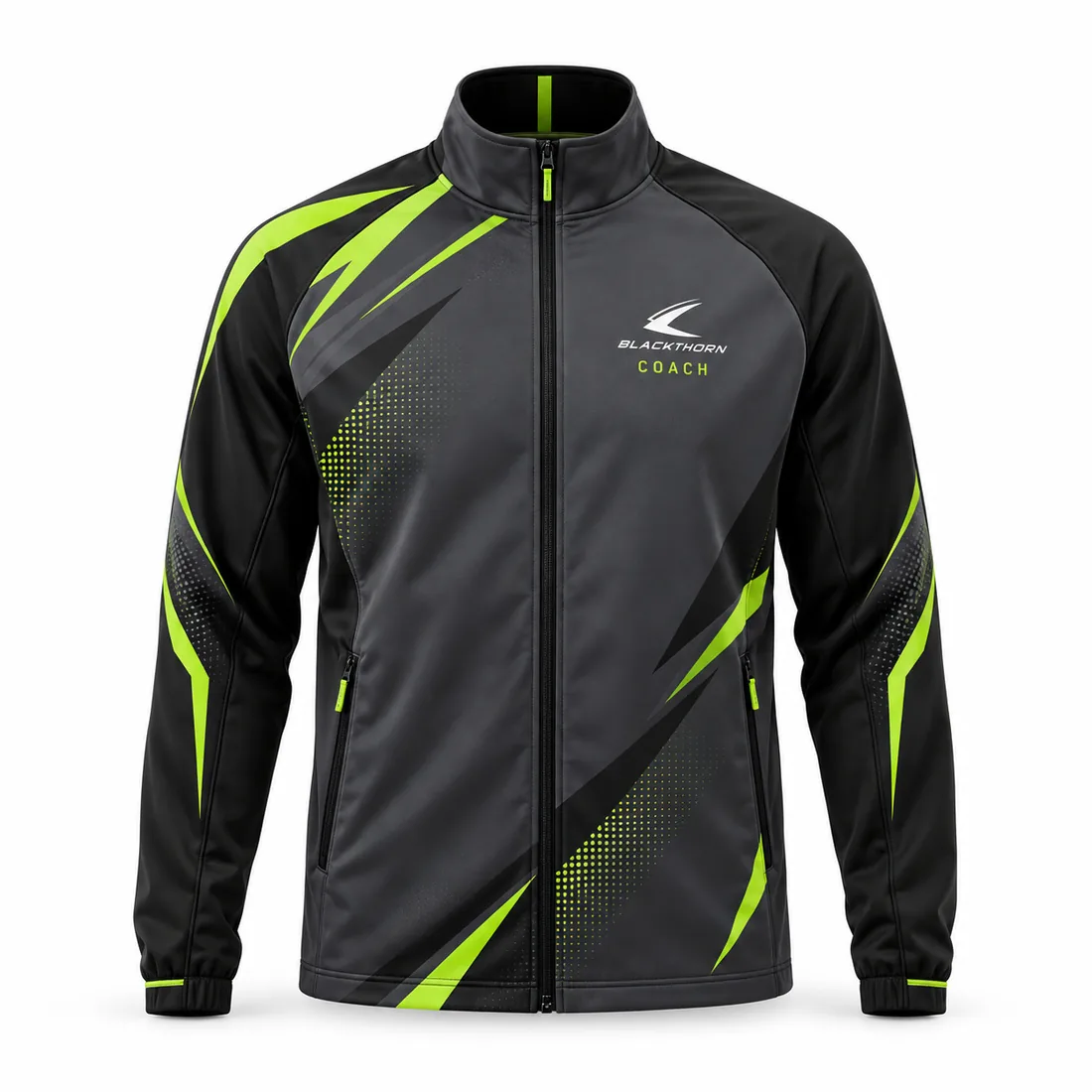 Charcoal and black softshell coach jacket with neon-lime slashes, halftone dots and COACH chest print