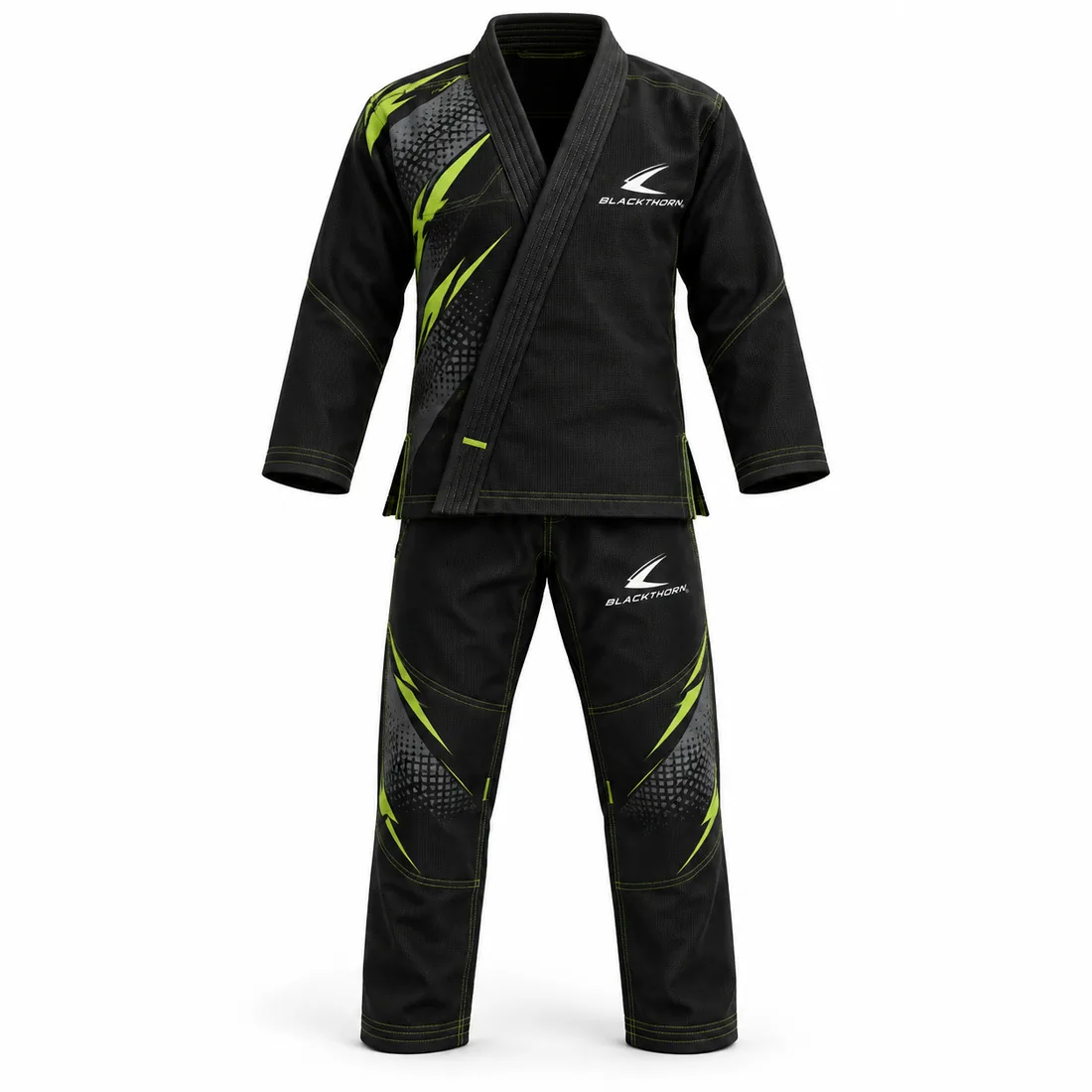 Charcoal and black BJJ gi with neon-lime slashes and halftone dots, Lime Volt gym merch gi, front view