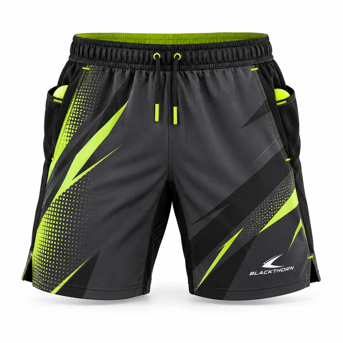 Charcoal and black padel shorts with neon-lime slashes, side ball pockets and drawcord waist